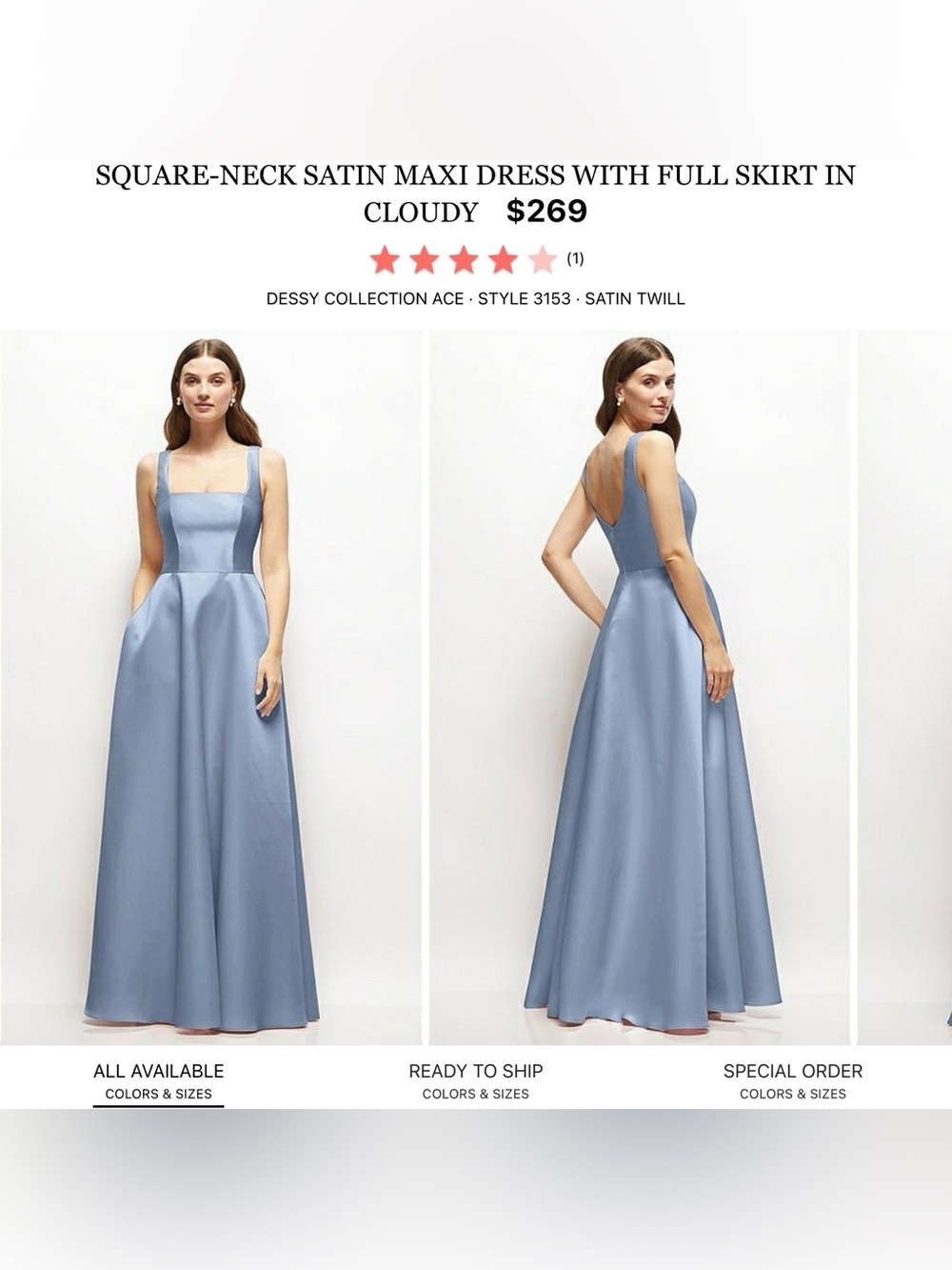 Dessy Collection Cloudy Blue Square-Neck Satin Maxi Dress